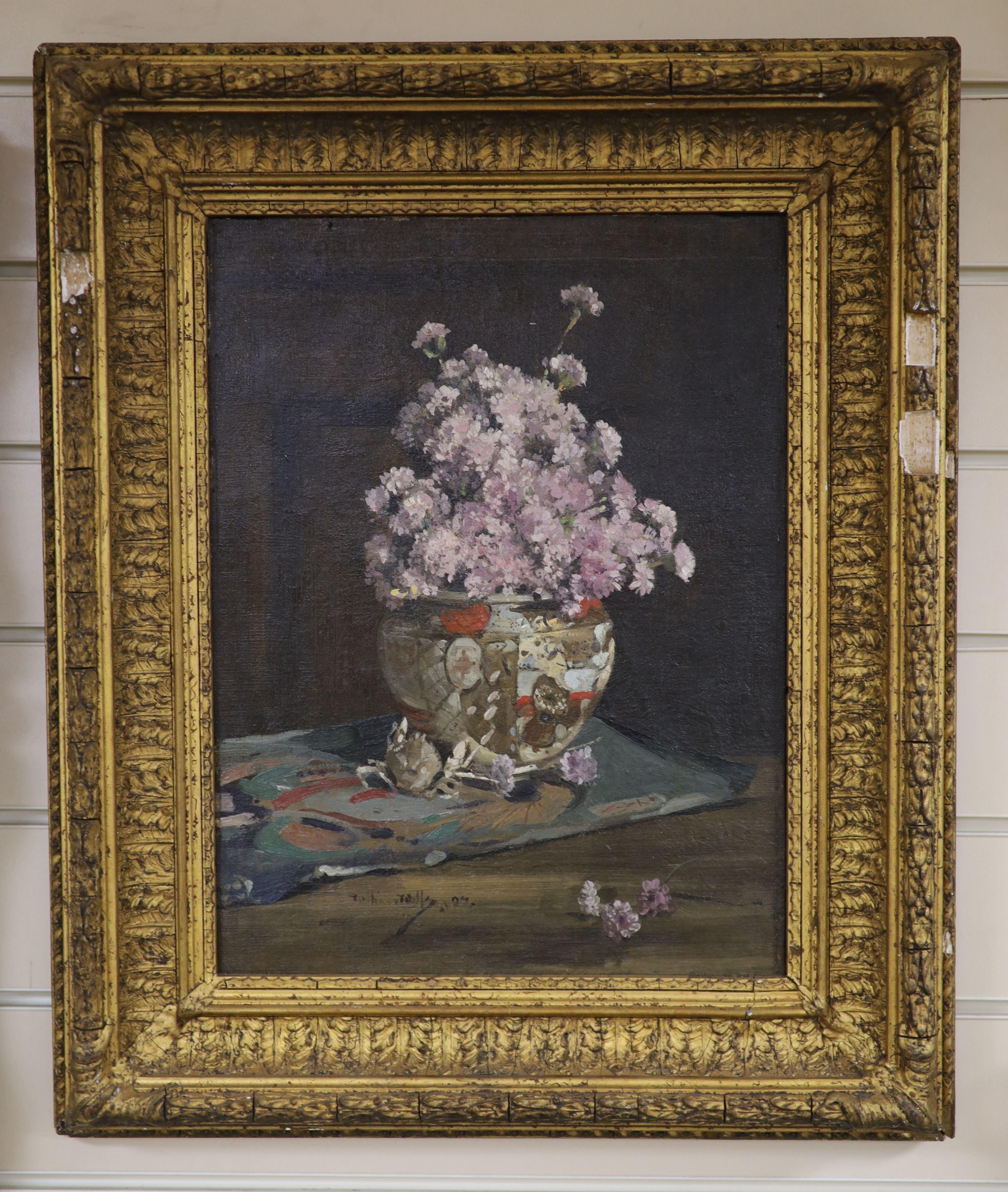 William Wills (19th C.), oil on canvas, Still life of flowers in a Satsuma bowl, signed and dated 04, 40 x 31cm.